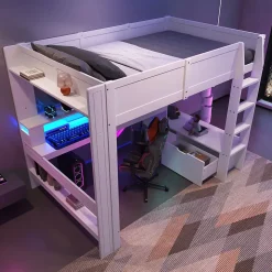 Lit mezzanine 140x200 cm - Lit avec bureau intégré et LED 16 s - Pin et MDF - Sans matelas - Blanc