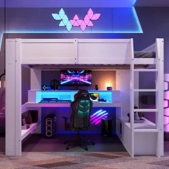 Lit mezzanine 140x200 cm - Lit avec bureau intégré et LED 16 s - Pin et MDF - Sans matelas - Blanc