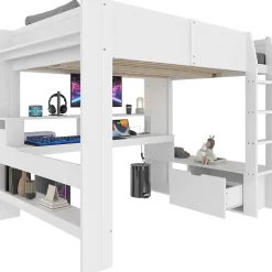 Lit mezzanine 140x200 cm - Lit avec bureau intégré et LED 16 s - Pin et MDF - Sans matelas - Blanc