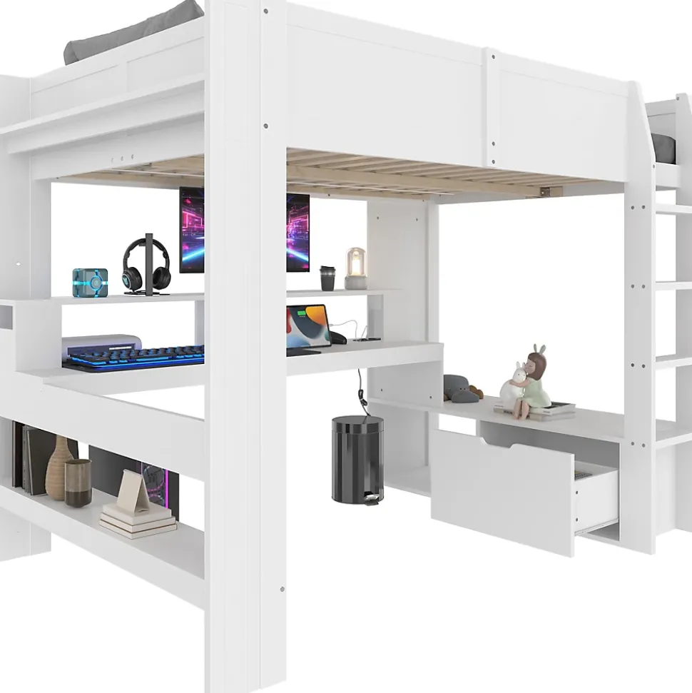 Lit mezzanine 140x200 cm - Lit avec bureau intégré et LED 16 s - Pin et MDF - Sans matelas - Blanc