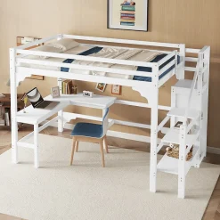 Lit Mezzanine 140x200 cm - Lit Combiné avec Bureau et Armoire ouverte, Lit Junior en Bois, Sans Matelas - Blanc