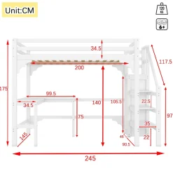 Lit Mezzanine 140x200 cm - Lit Combiné avec Bureau et Armoire ouverte, Lit Junior en Bois, Sans Matelas - Blanc