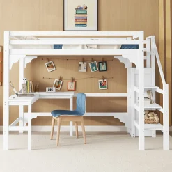 Lit Mezzanine 140x200 cm - Lit Combiné avec Bureau et Armoire ouverte, Lit Junior en Bois, Sans Matelas - Blanc