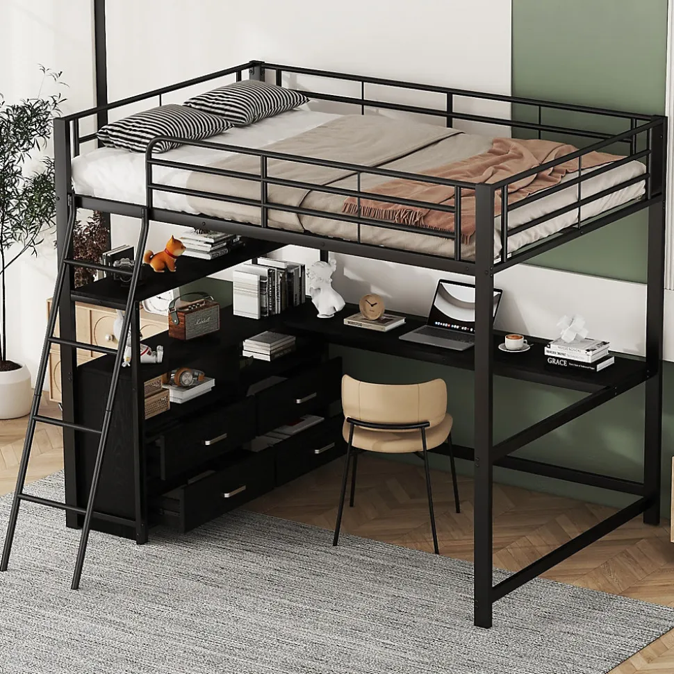 Lit Mezzanine 140x200 cm - Lit Double avec Bureau en L et Rangements Intégrés - Métal + MDF - Sans Matelas - Noir