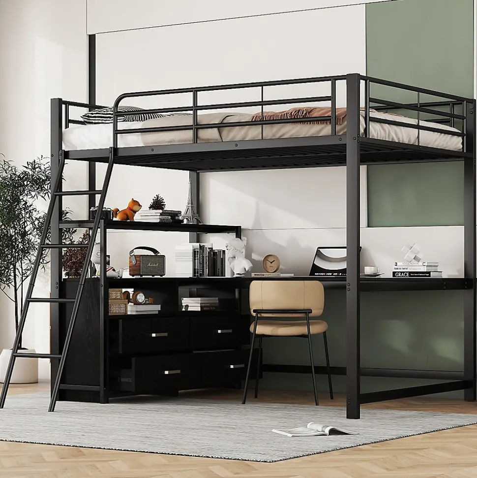 Lit Mezzanine 140x200 cm - Lit Double avec Bureau en L et Rangements Intégrés - Métal + MDF - Sans Matelas - Noir