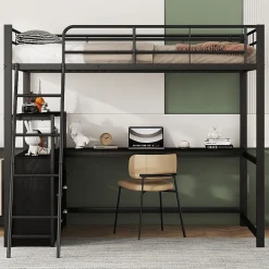 Lit Mezzanine 140x200 cm - Lit Double avec Bureau en L et Rangements Intégrés - Métal + MDF - Sans Matelas - Noir