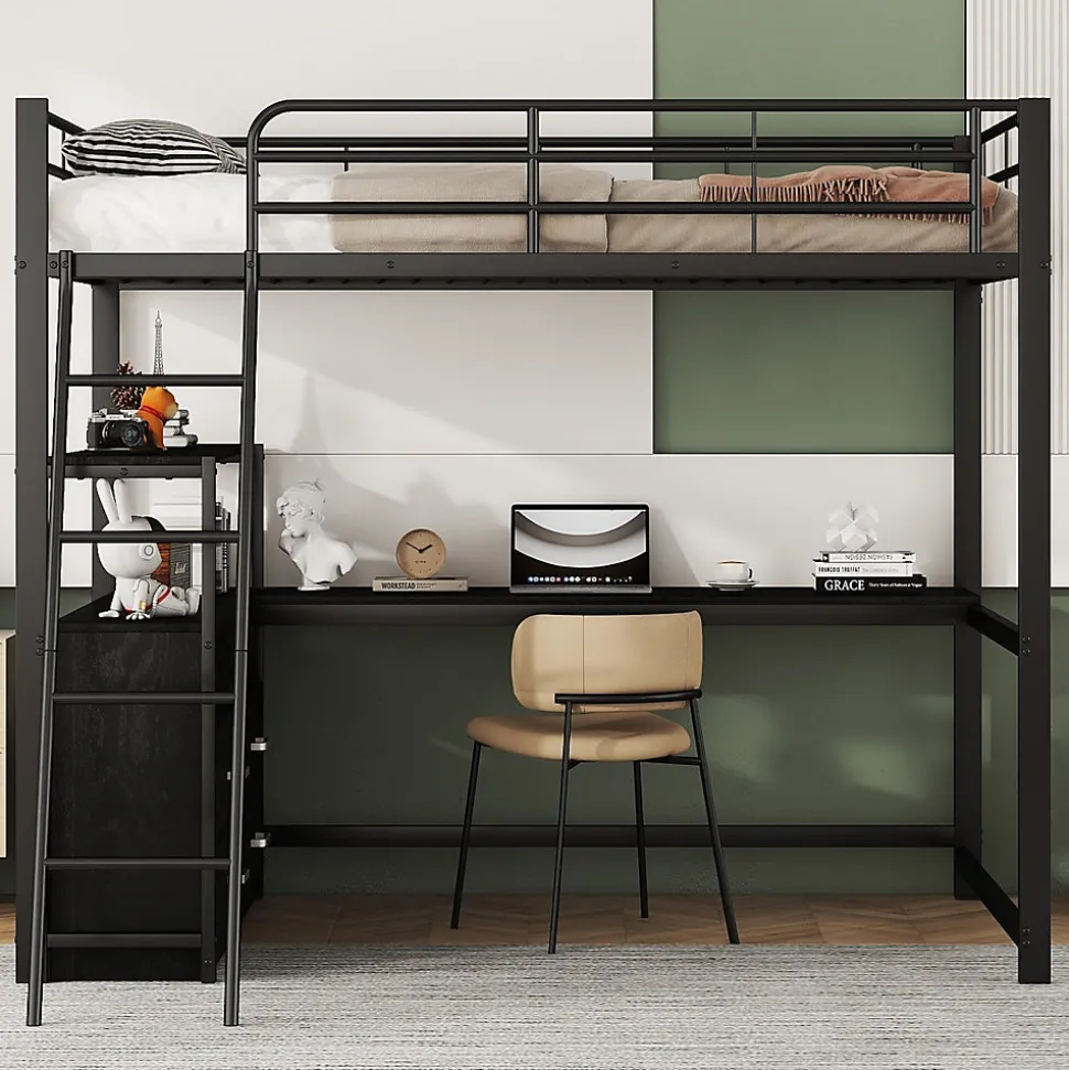 Lit Mezzanine 140x200 cm - Lit Double avec Bureau en L et Rangements Intégrés - Métal + MDF - Sans Matelas - Noir