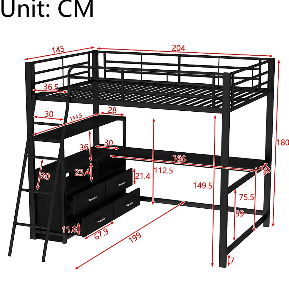 Lit Mezzanine 140x200 cm - Lit Double avec Bureau en L et Rangements Intégrés - Métal + MDF - Sans Matelas - Noir