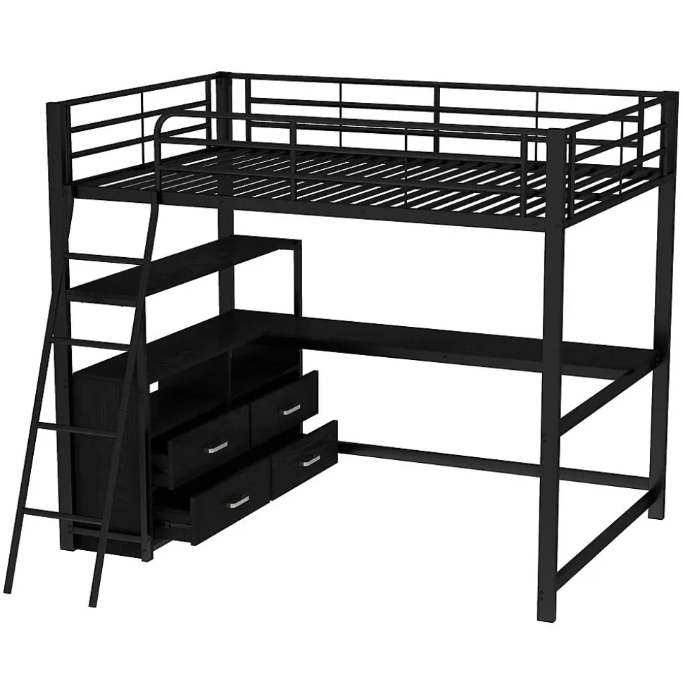 Lit Mezzanine 140x200 cm - Lit Double avec Bureau en L et Rangements Intégrés - Métal + MDF - Sans Matelas - Noir