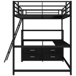 Lit Mezzanine 140x200 cm - Lit Double avec Bureau en L et Rangements Intégrés - Métal + MDF - Sans Matelas - Noir