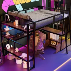 Lit Mezzanine 140x200 cm - Lit Double avec LED Intégrée et Bureau, Garde-Corps Sécurisé, sans Matelas - Métal Noir