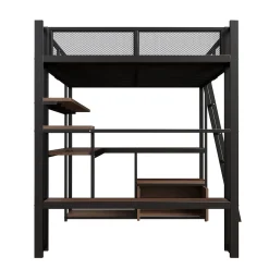 Lit Mezzanine 140x200 cm - Lit Double avec LED Intégrée et Bureau, Garde-Corps Sécurisé, sans Matelas - Métal Noir