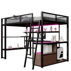 Lit Mezzanine 140x200 cm - Lit Double avec LED Intégrée et Bureau, Garde-Corps Sécurisé, sans Matelas - Métal Noir