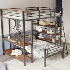 Lit mezzanine 140x200 cm - Lit double avec rangement multifonction, structure métal et MDF avec étagères - Sans matelas - Noir