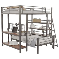 Lit mezzanine 140x200 cm - Lit double avec rangement multifonction, structure métal et MDF avec étagères - Sans matelas - Noir