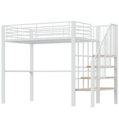 Lit mezzanine 140x200 cm - Lit double avec rangement et escalier, structure métallique robuste - Blanc - Sans matelas