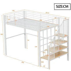 Lit mezzanine 140x200 cm - Lit double avec rangement et escalier, structure métallique robuste - Blanc - Sans matelas