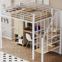 Lit mezzanine 140x200 cm - Lit double avec rangement et escalier, structure métallique robuste - Blanc - Sans matelas