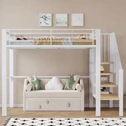 Lit mezzanine 140x200 cm - Lit double avec rangement et escalier, structure métallique robuste - Blanc - Sans matelas