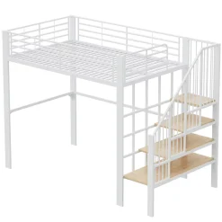 Lit mezzanine 140x200 cm - Lit double avec rangement et escalier, structure métallique robuste - Blanc - Sans matelas