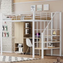 Lit mezzanine 140x200 cm - Lit double avec rangement et escalier, structure métallique robuste - Blanc - Sans matelas