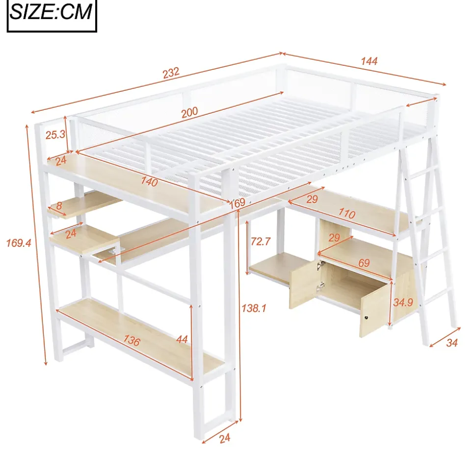 Lit Mezzanine 140x200 cm - Lit Double avec LED Intégrée et Bureau, Garde-Corps Sécurisé, sans Matelas - Métal Blanc