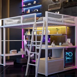 Lit Mezzanine 140x200 cm - Lit Double avec LED Intégrée et Bureau, Garde-Corps Sécurisé, sans Matelas - Métal Blanc