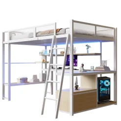 Lit Mezzanine 140x200 cm - Lit Double avec LED Intégrée et Bureau, Garde-Corps Sécurisé, sans Matelas - Métal Blanc