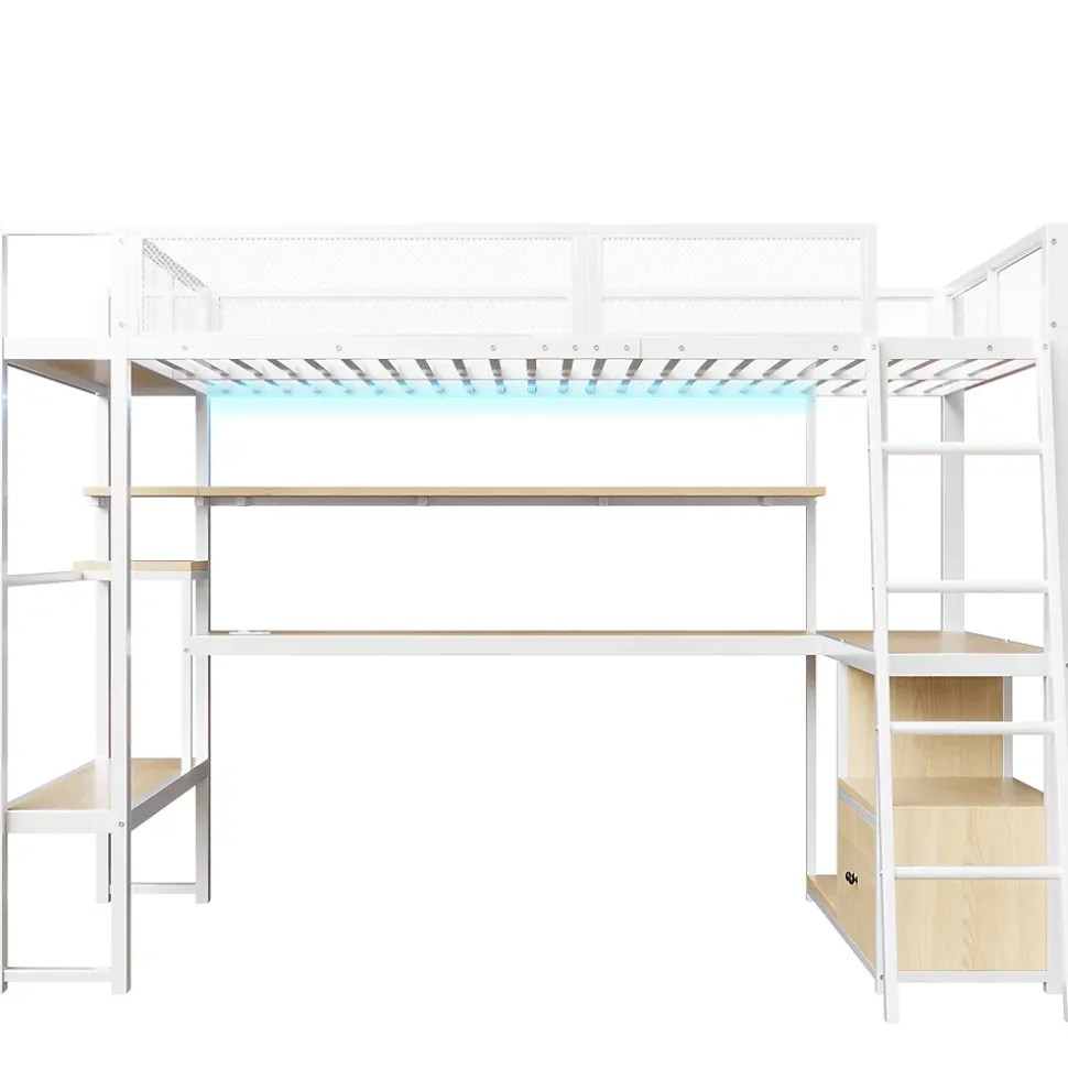 Lit Mezzanine 140x200 cm - Lit Double avec LED Intégrée et Bureau, Garde-Corps Sécurisé, sans Matelas - Métal Blanc