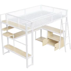 Lit Mezzanine 140x200 cm - Lit Double avec LED Intégrée et Bureau, Garde-Corps Sécurisé, sans Matelas - Métal Blanc
