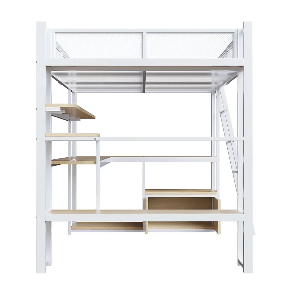 Lit Mezzanine 140x200 cm - Lit Double avec LED Intégrée et Bureau, Garde-Corps Sécurisé, sans Matelas - Métal Blanc