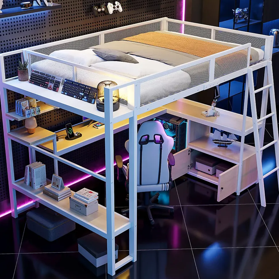 Lit Mezzanine 140x200 cm - Lit Double avec LED Intégrée et Bureau, Garde-Corps Sécurisé, sans Matelas - Métal Blanc