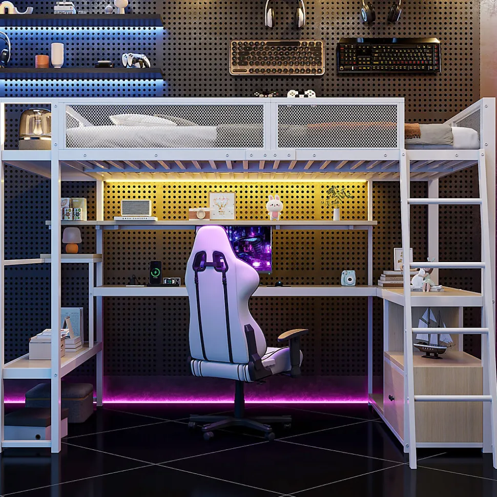 Lit Mezzanine 140x200 cm - Lit Double avec LED Intégrée et Bureau, Garde-Corps Sécurisé, sans Matelas - Métal Blanc