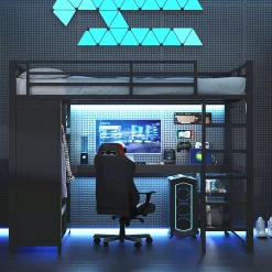 Lit mezzanine 140x200 cm - Lit double avec rangement - Métal - Montage requis - Noir