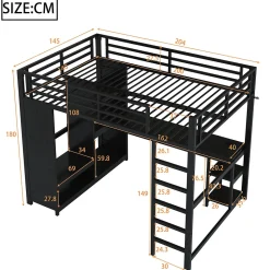 Lit mezzanine 140x200 cm - Lit double avec rangement - Métal - Montage requis - Noir