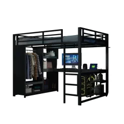 Lit mezzanine 140x200 cm - Lit double avec rangement - Métal - Montage requis - Noir