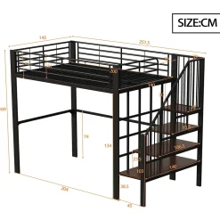 Lit mezzanine 140x200 cm - Lit double avec rangement et escalier, structure métallique robuste - Noir - Sans matelas