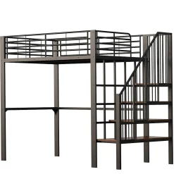 Lit mezzanine 140x200 cm - Lit double avec rangement et escalier, structure métallique robuste - Noir - Sans matelas
