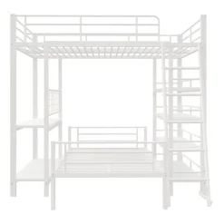 Lit mezzanine 140x200 cm - Lit double avec rangement multifonction, structure métal et MDF avec étagères - Sans matelas - Blanc