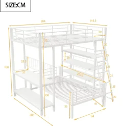 Lit mezzanine 140x200 cm - Lit double avec rangement multifonction, structure métal et MDF avec étagères - Sans matelas - Blanc