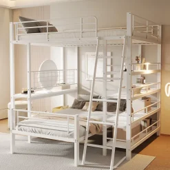 Lit mezzanine 140x200 cm - Lit double avec rangement multifonction, structure métal et MDF avec étagères - Sans matelas - Blanc