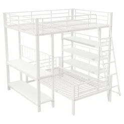 Lit mezzanine 140x200 cm - Lit double avec rangement multifonction, structure métal et MDF avec étagères - Sans matelas - Blanc