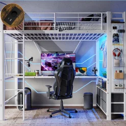 Lit Mezzanine 90x200 cm - Lit Déco avec Rangement - Métal et MDF - Sans Matelas - Blanc