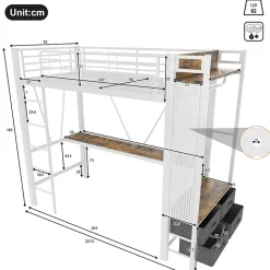 Lit Mezzanine 90x200 cm - Lit Déco avec Rangement - Métal et MDF - Sans Matelas - Blanc