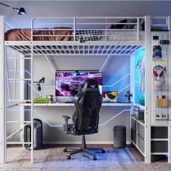 Lit Mezzanine 90x200 cm - Lit Déco avec Rangement - Métal et MDF - Sans Matelas - Blanc