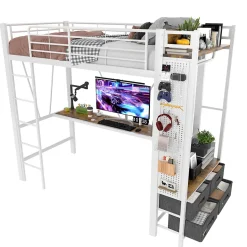 Lit Mezzanine 90x200 cm - Lit Déco avec Rangement - Métal et MDF - Sans Matelas - Blanc