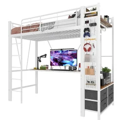 Lit Mezzanine 90x200 cm - Lit Déco avec Rangement - Métal et MDF - Sans Matelas - Blanc