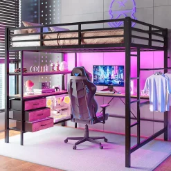 Lit Mezzanine 140x200 cm - Lit Double avec Éclairage LED, Bureau et Prises USB, en Métal et MDF, sans Matelas, Noir