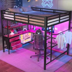 Lit Mezzanine 140x200 cm - Lit Double avec Éclairage LED, Bureau et Prises USB, en Métal et MDF, sans Matelas, Noir