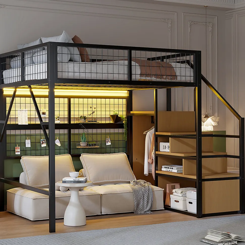 Lit mezzanine 140x200 cm - Lit double déco avec éclairage LED et rangement sous lit - Armoire ouverte en MDF et métal - Noir